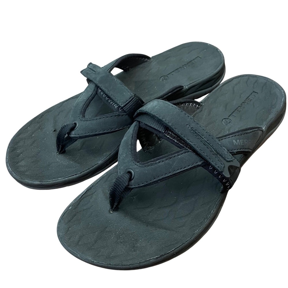 Merrell Siren Flip Flop Womens Black QFORM 2 Leather Athletic Sandals 9